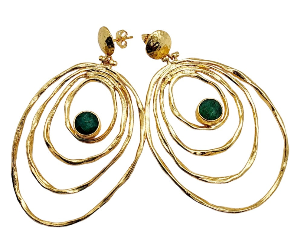 Earrings Gold Swirls with Green Agate